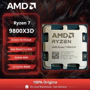 Processeur AMD Ryzen 7 9800X3D 8 cœurs, fréquence maximale de 5,2 GHz, cache L3 de 96 Mo, TDP de 120 W, socket AM5, refroidisseur non inclus