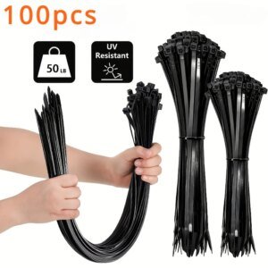 Attaches de câbles noires, 100 pièces, haute résistance à la traction, résistantes aux UV, autobloquantes pour la gestion des câbles à la maison et au bureau